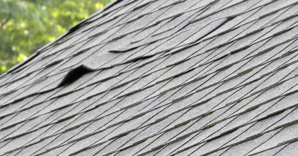 The corners or edges of the shingles are curling