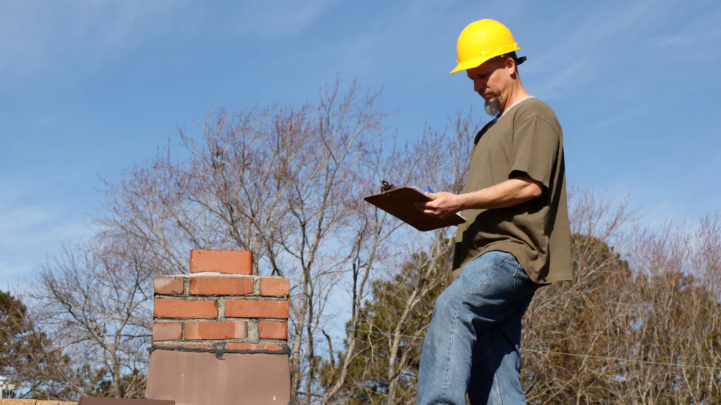 A man is holding a folder and inspecting the roof.