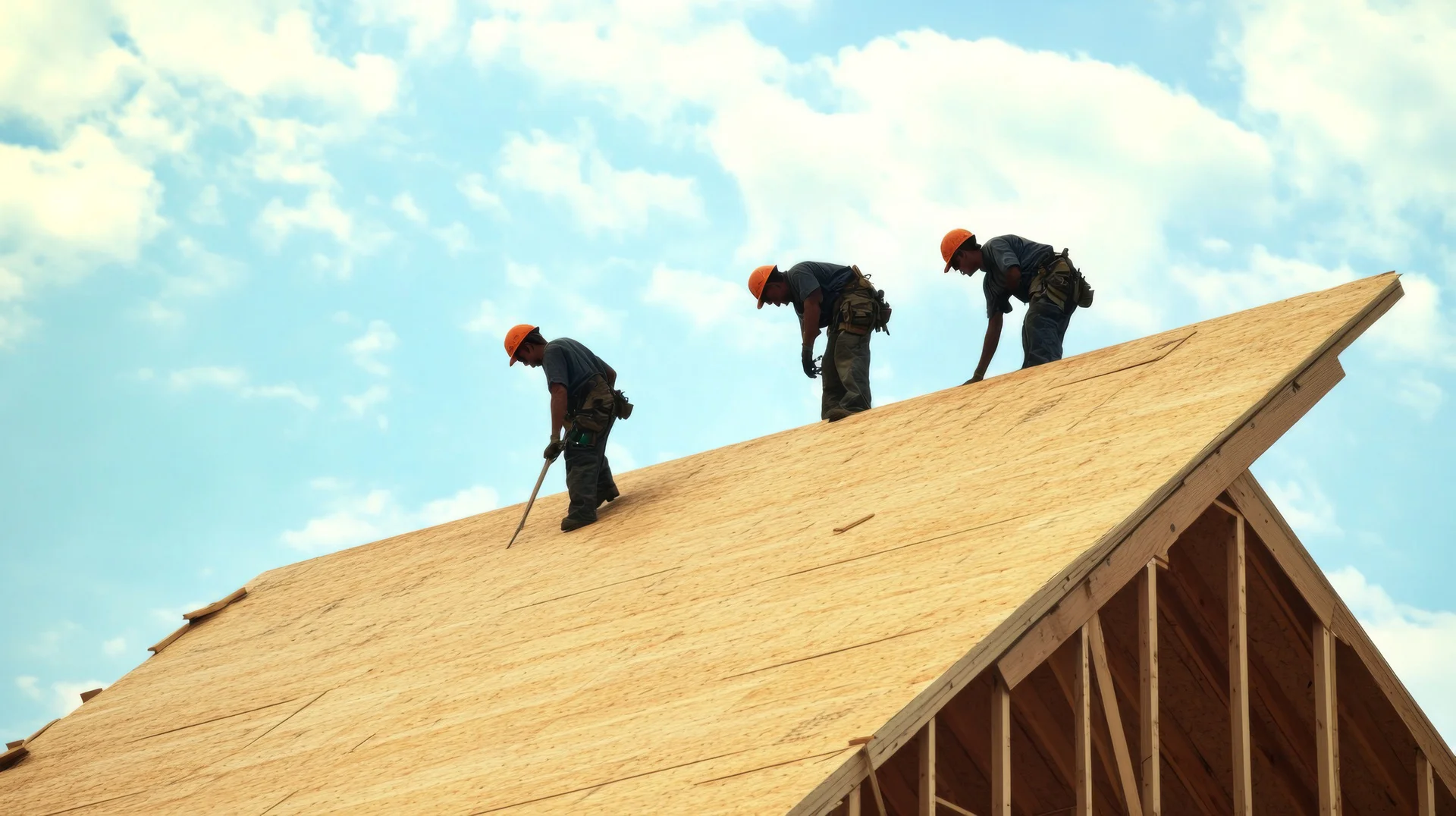 Construction Workers Laying Plywood on a Roof